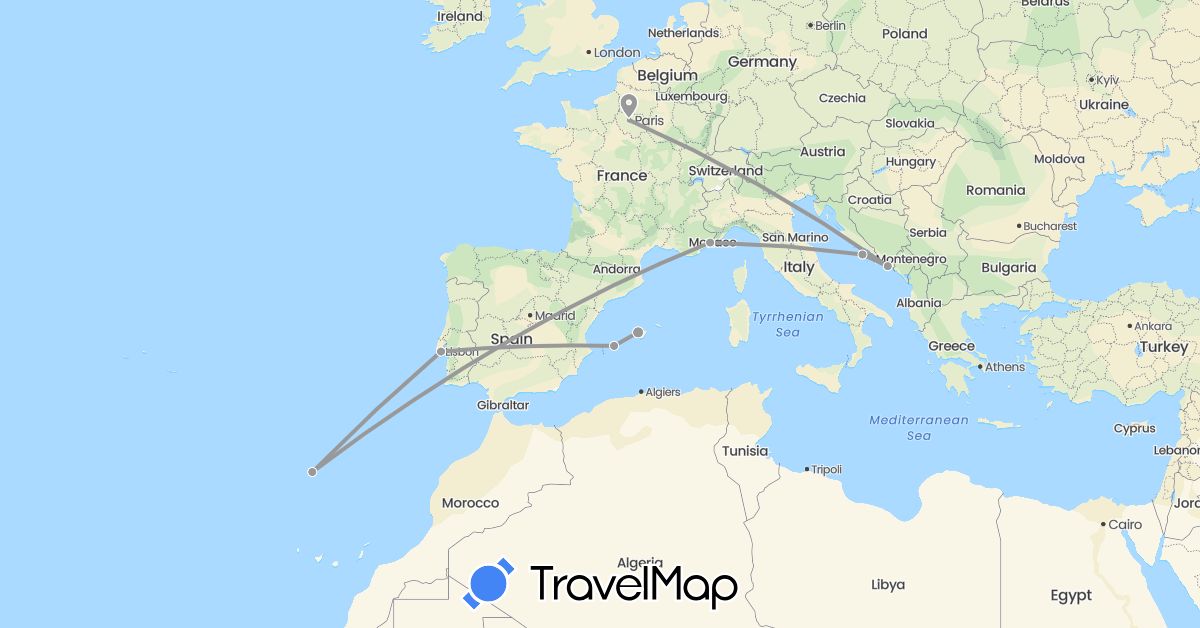 TravelMap itinerary: driving, plane in Spain, France, Croatia, Portugal (Europe)